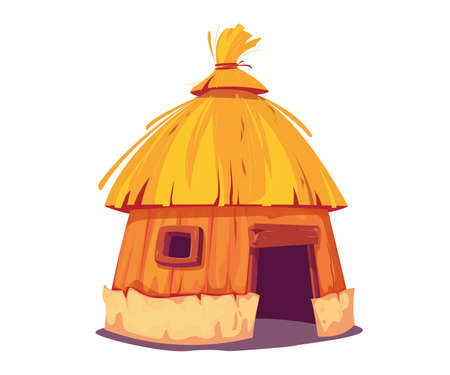 Bungalow with thatched roof. The hut is a traditional home for the inhabitants of the islands and African tribes. Vector illustration in cartoon style. Isolated clipart on white backgroundのイラスト素材