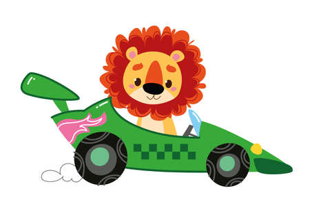 Vector modern cartoon racing green car. At the wheel, the driver is an animal - a lion. Auto kids funny and cute logo. Boyish print - for clothes, postcards, banners. Comic clipartのイラスト素材