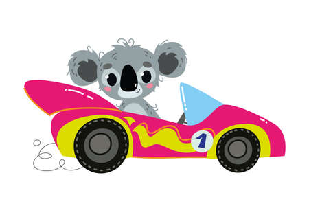 Vector modern cartoon racing purple car. The driver is an animal - Koala. Auto kids funny and cute logo. Girly print - for clothes, cards, banners. Comic clipart driveのイラスト素材