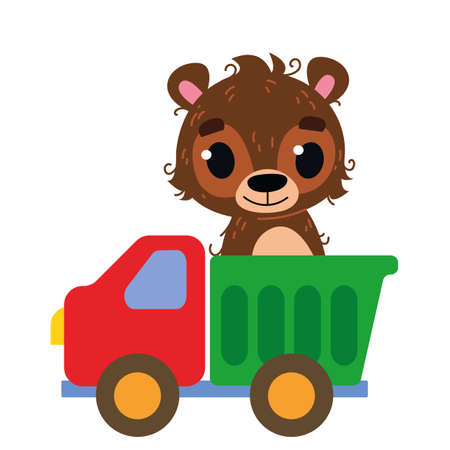 Bear driver. Vector toy cartoon truck. Auto kids funny and cute logo. Shipping. Boyish print - for clothes, cards, banners. Comic clipart driveのイラスト素材