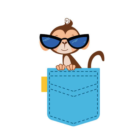 The boy monkey is sitting in clothes. A cute African animal peeps out of the bag. Nice blue pocket with a monkey inside. Vector illustration in flat cartoon style. Isolated clipartのイラスト素材