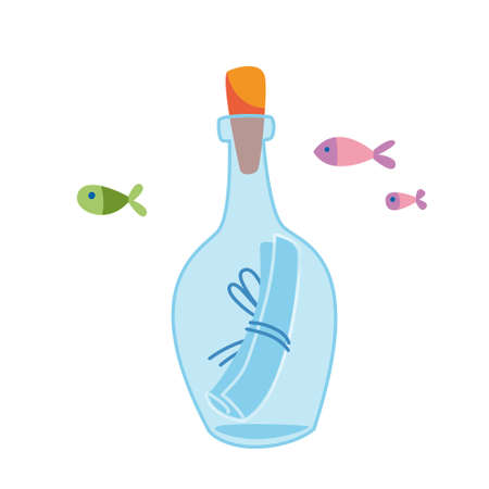 A bottle with a message. Pirate map. A letter of appeal for help sos. Vector illustration in cartoon style. Isolated clipart on white backgroundのイラスト素材