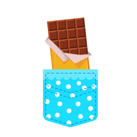 Chocolate in a blue pocket. Vector illustration in cartoon style. Isolated clipart on white...