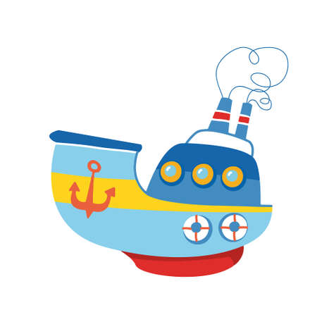 Ship motor ship with red stripe and anchor. Schooner baby print is bright. For the decor of postcards, clothes, stickers, clipart. Children s cartoon transport. Summer water travel cruise art cute funのイラスト素材