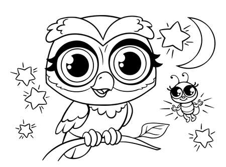 Owl and firefly beetle in a coloring book for children. Black and white contour of a bird on a branch. Children s task Zoo. Animals of the forest. Illustration for kids. Cartoon characters Isolatedのイラスト素材