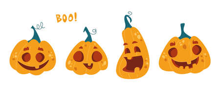 Set of cute Pumpkins with faces and a smile clipart. Halloween monsters. Vector illustration in cartoon style. Isolated clipart on white backgroundのイラスト素材