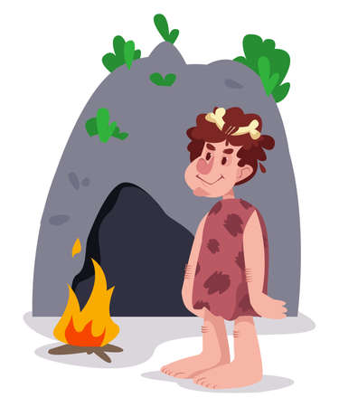 Pithecanthropus in skin stands next to a cave and a bonfire. Prehistoric world of man. Vector illustration in cartoon style. Isolated funny clipart on white backgroundのイラスト素材