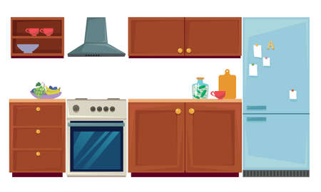 Set of kitchen furniture and utensils. Wall cabinets, fridge and oven. Vector illustration in cartoon style. Isolated clipart on white backgroundのイラスト素材