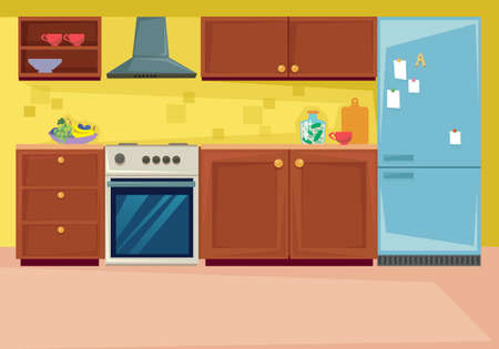 Set kitchen interior. Furniture and household items in the dining room. Vector illustration in cartoon flat styleのイラスト素材