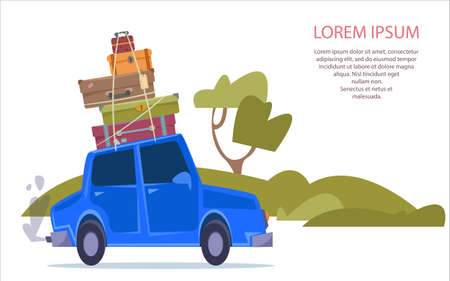Blue car with suitcases and cargo rides on the asphalt and road against the background of nature. Place for your text. Vector illustration in cartoon flat style.のイラスト素材