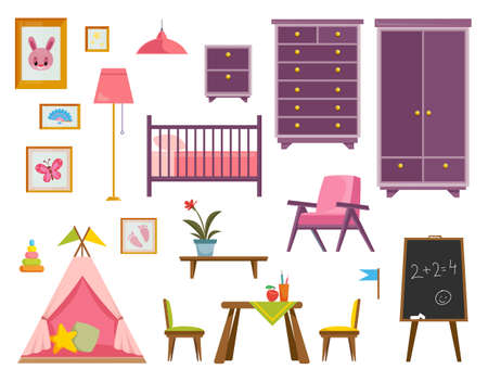 A set of furniture for a nursery for a newborn baby pink. A room for a little girl. Interior items such as a table, wardrobe, chest of drawers, chair. Vector illustration in a flat style. Isolateのイラスト素材