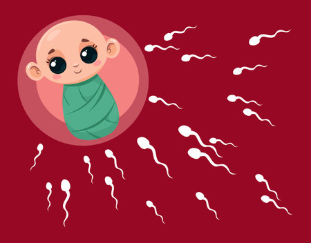 Concept of fertilization. Sperm cells are sent to the egg in which the baby. Vector illustration in cartoon style.のイラスト素材