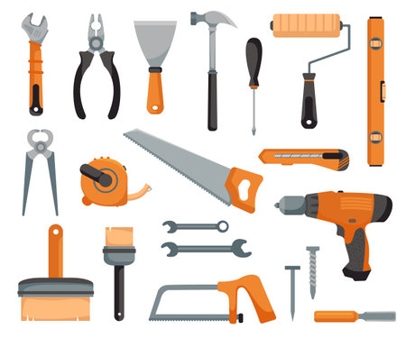 Set of tools of a joiner and repairman. Devices for construction and mechanics. Vector illustration in cartoon style.のイラスト素材