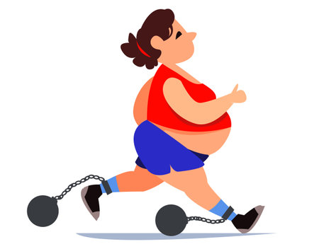 Fat fat woman in a tracksuit and shorts is running. Doing sports for health. Weights are chained to the legs on a chain. Disease of varicose veins on the legs. Vector illustration in cartoon style.のイラスト素材
