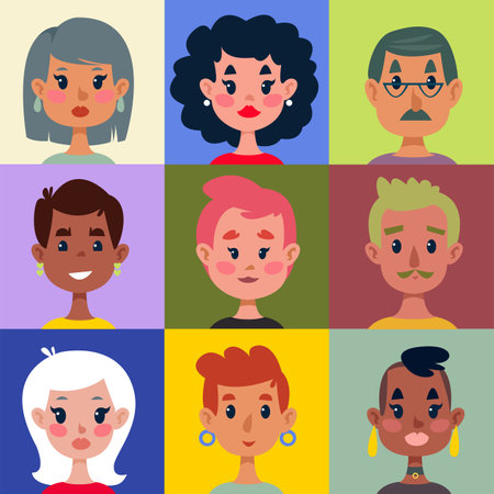 Set of different heads of men and women on a bright multi-colored background. Print for kids room. Vector illustration in cartoon style.のイラスト素材