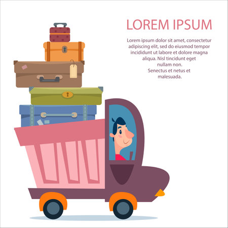 A truck with suitcases and cargo rides on the road. Transportation and relocation service concept. Place for your text. Vector illustration in cartoon flat style.のイラスト素材