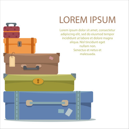 Suitcases on a white isolated background. Place for your text. The concept of vacation, vacation and travel. Logo for the store bags. Vector illustration in cartoon flat style.のイラスト素材