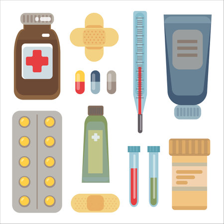Large set of medicines, pills, tablets, thermometer, plasters, test tubes. Elements of medicine, healing and treatment of seasonal colds. Vector illustration in flat styleのイラスト素材