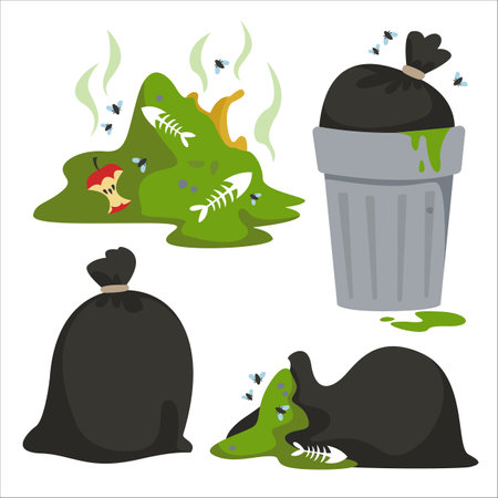 Set of elements related to garbage and environmental pollution. World Earth Pollution Day. Trash can and sewage green, scraps, fish bones, plastic. Vector illustration in cartoon style.のイラスト素材