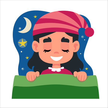 Little beautiful brunette girl in pink pajamas sleeps in her bed and sees a dream. A cloud with stars and a moon above a child s head. Vector illustration in cartoon style.のイラスト素材