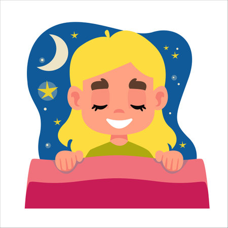 RGBLittle beautiful girl blonde sleeps in her bed and sees a dream. A cloud with stars and a moon above a child s head. Vector illustration in cartoon style.のイラスト素材