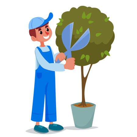 The gardener in a working uniform and cap cuts the green bush with scissors. Landscaping and maintenance of the court territory. Vector illustration in cartoon style.のイラスト素材
