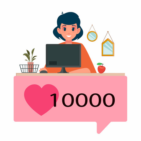 Beautiful girl at the desktop near the computer. The concept of freelance, as well as blogging. Successful beauty blogger with 100,000 likes and reposts. Vector illustration in cartoon flat style.のイラスト素材