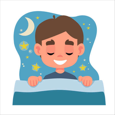 A little beautiful boy in blue pajamas sleeps in his bed and sees a dream. A cloud with stars and a moon above a child s head. Vector illustration in cartoon style.のイラスト素材