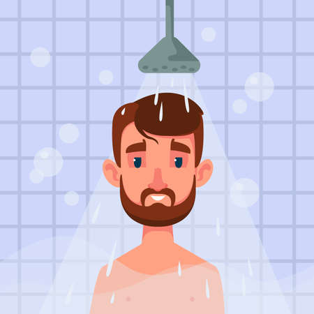 A bearded man is standing in the shower room and water is pouring on him. Blue tiles and soap bubbles. Cleansing and relaxation. Vector illustration in cartoon flat style isolated on white background.のイラスト素材