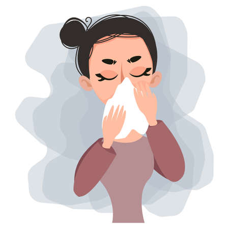 Woman blowing her nose in a white paper scarf. Cold illness or allergy. Vector illustration in cartoon flat style. Covidのイラスト素材