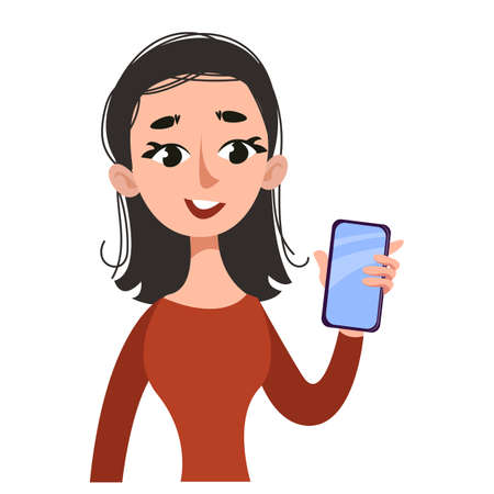 Beautiful young girl holds a phone in her hand. Portrait waist-high on a white background. Vector illustration in cartoon style. Place for text.のイラスト素材
