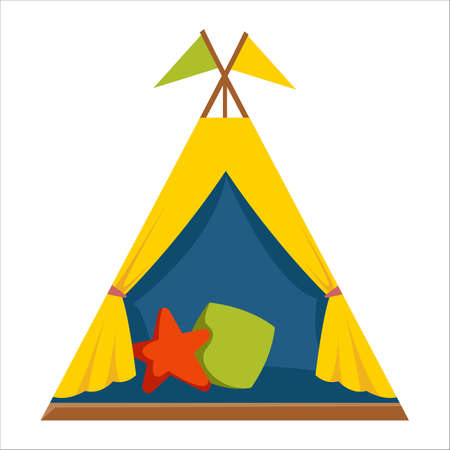Children s yellow wigwam tent for playing and sleeping with pillows. Vector illustration in cartoon flat styleのイラスト素材