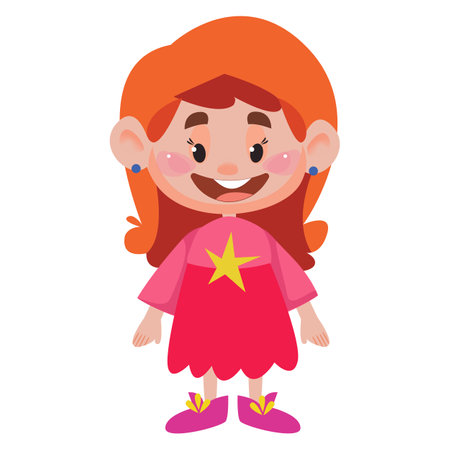 A red-haired little cute full-length girl stands in a pink dress. Vector illustration in cartoon style. Isolated funny clipart on a white background. Cute printのイラスト素材