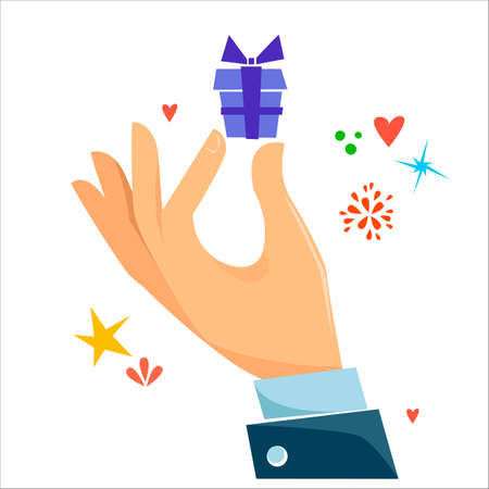 A hand holds a box with a gift. Symbols of stars and hearts around. Holiday concept and presentation. Vector illustration in cartoon style.のイラスト素材