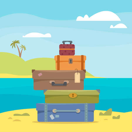 Suitcases and bags against the backdrop of the seascape, sea and palm trees. The concept of vacation, vacation and travel. Vector illustration in cartoon flat style.のイラスト素材