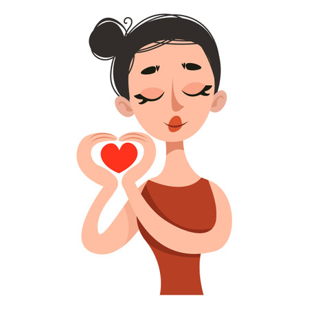 Girl with hands in the form of a heart. Retro vector illustration. Poster for the room of a young girl. Magazine style drawing.のイラスト素材