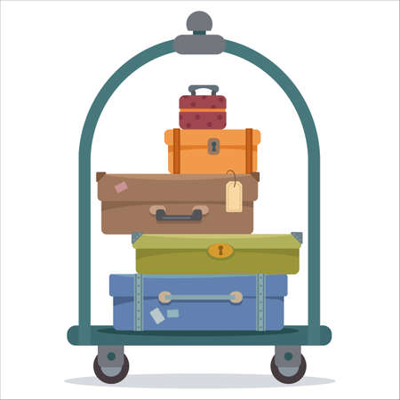 Suitcases on a white isolated background stand on a trolley for transportation around the hotel or airport. The concept of vacation, vacation and travel. Vector illustration in cartoon flat styleのイラスト素材