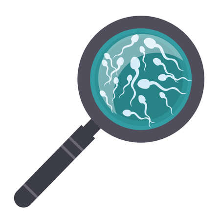 Spermotazoids on a green background that are viewed through a magnifying glass. Laboratory medical research. Flat style illustration. Spermogram study concept. Viable spermのイラスト素材