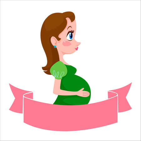Pregnant woman profile with banner for text. Vector illustration in cartoon children s style. Isolated funny clipart on a white background. Cute printのイラスト素材