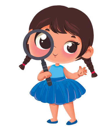 Child little cute girl with pigtails and with a magnifying glass. Cartoon style childish illustration. Print for school boy or room or textile.の写真素材
