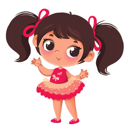 Little cute baby girl with beautiful hairstyle and in a gorgeous pink princess or fairy dress. Childrens illustrations cartoon style. Print for school student or room or textiles. Anime style isolateの写真素材