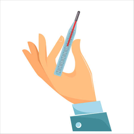 The concept of medicine and cure for illness and cold. A hand holds a mercury thermometer with an indicator of elevated temperature or fever. Vector illustration in cartoon flat style isolated.のイラスト素材