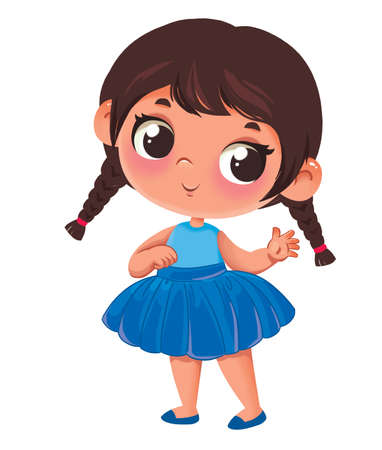 Little cute baby girl with pigtails in a blue skirt. Childrens illustrations cartoon style. Print for school student or room or textiles. Isolate funnyの写真素材