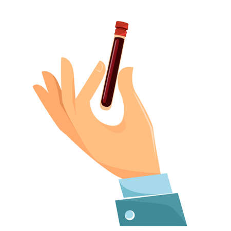 Hand holds a flask with blood. The concept of research, analysis, testing or vaccination. Vector illustration in cartoon style.のイラスト素材