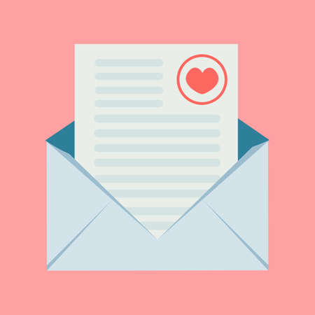 An envelope with a romantic love message and a pink heart in the corner. On a pink background is a blue paper letter. Valentine s Day celebration concept. Vector illustration in flat style.のイラスト素材