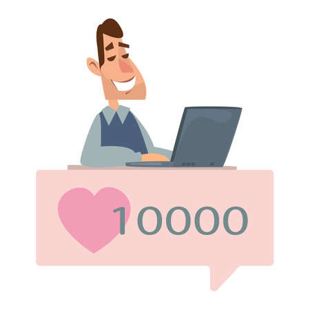 A man at a desk next to a computer. The concept of working at home and freelancing, as well as blogging. Successful influencer with many likes and reposts. Vector illustration in cartoon flat style.のイラスト素材