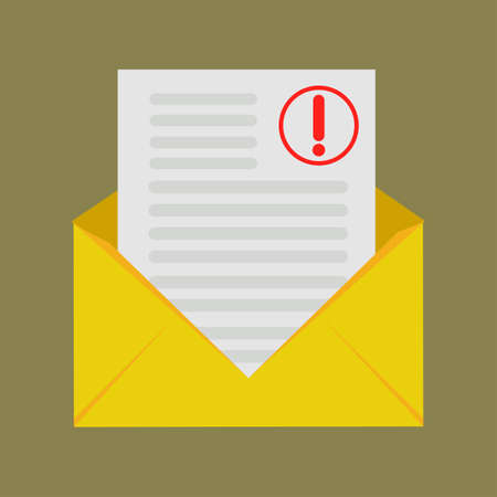 Envelope with a message and a red exclamation mark. On a green background is a yellow paper letter. Vector illustration in flat style.のイラスト素材