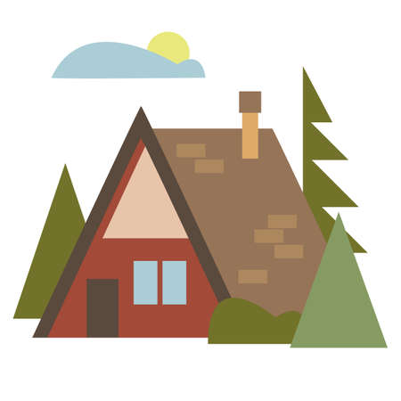 Residential building tent surrounded by trees. Logo for a construction company or realtor or camping. Vector illustration in cartoon flat style. Isolated funny clipart on a white background Cute printのイラスト素材