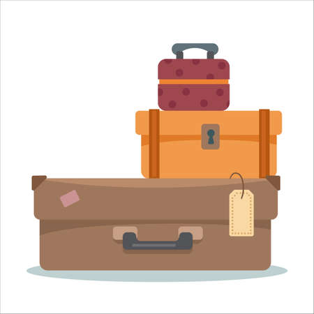 Suitcases on a white isolated background. In brown shades of retro. The concept of vacation, vacation and travel. Logo for the store bags. Vector illustration in cartoon flat style.のイラスト素材