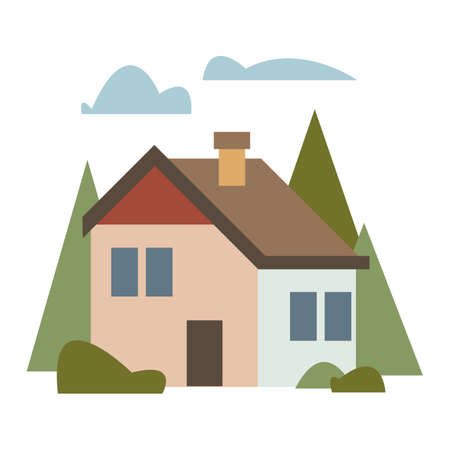 White brick residential building surrounded by trees. Logo for a construction company or realtor or school. Vector illustration in cartoon flat style.のイラスト素材